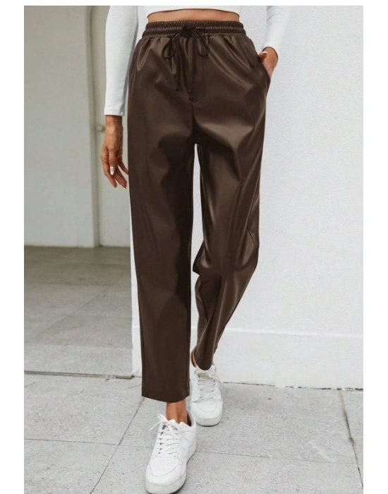 Kadın Yüksel Bel Bağcıklı Deri Pantolon