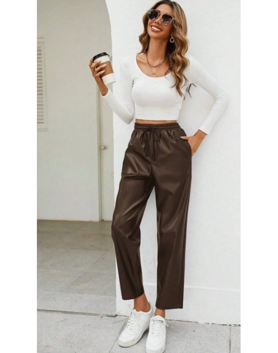 Kadın Yüksel Bel Bağcıklı Deri Pantolon