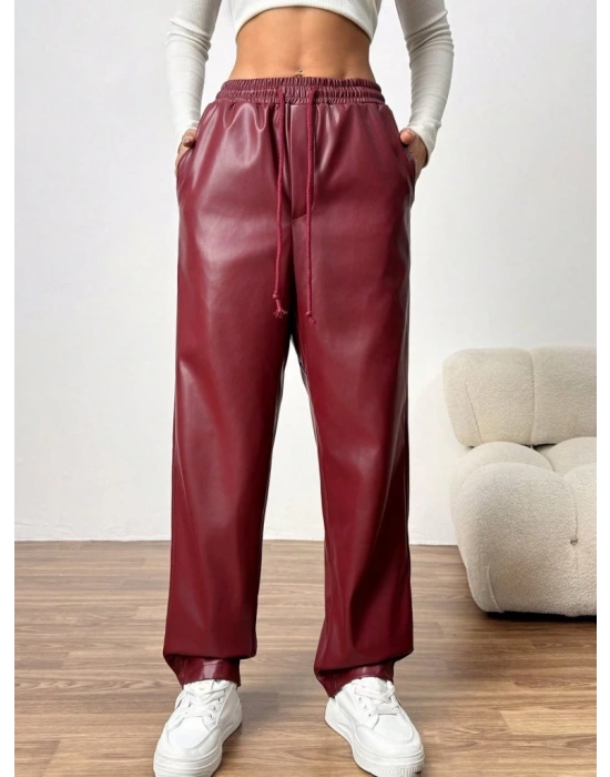 Kadın Yüksel Bel Bağcıklı Deri Pantolon