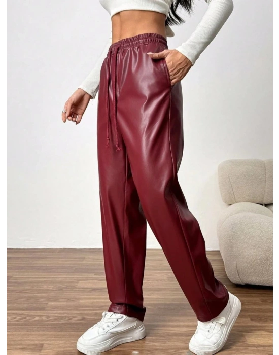 Kadın Yüksel Bel Bağcıklı Deri Pantolon