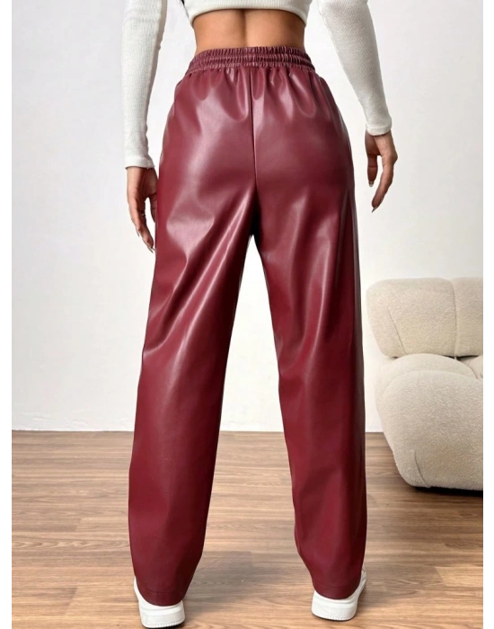 Kadın Yüksel Bel Bağcıklı Deri Pantolon