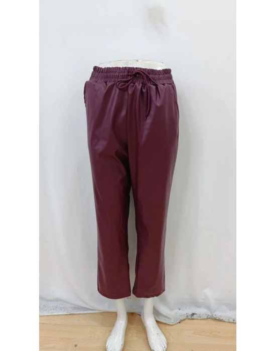 Kadın Yüksel Bel Bağcıklı Deri Pantolon