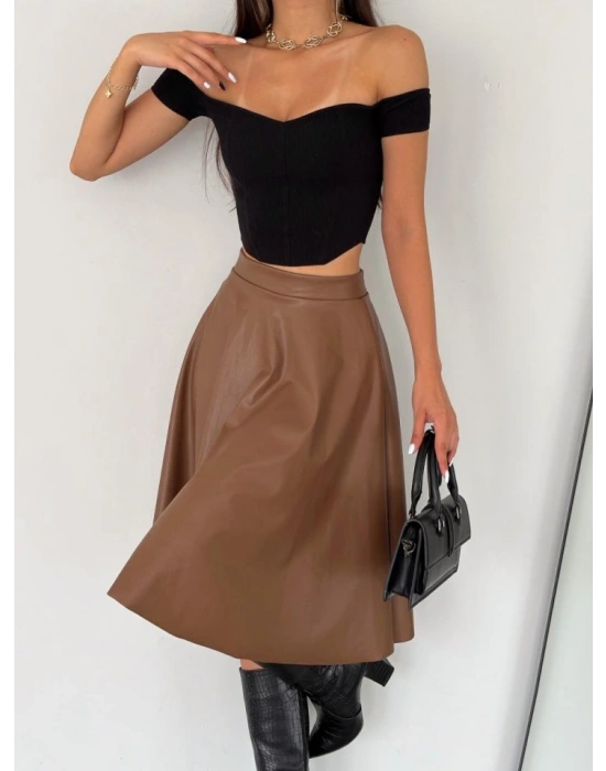 Kadın Yüksel Bel Deri Kloş Etek