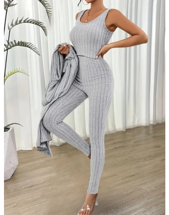 Kadın Yuvarlak Yaka Askılı Krop Bluz Yüksek Bel Tayt Ve Uzun Hırka şardonlu Kaşkorse üçlü Takım