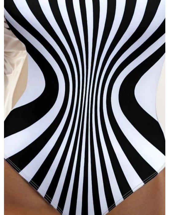 Kadın Yuvarlak Yaka Askılı Zebra Desen Baskılı Dalgıç Mayo