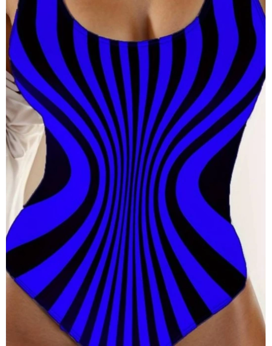Kadın Yuvarlak Yaka Askılı Zebra Desen Baskılı Dalgıç Mayo