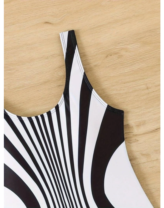Kadın Yuvarlak Yaka Askılı Zebra Desen Baskılı Dalgıç Mayo