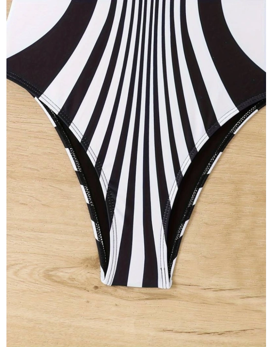 Kadın Yuvarlak Yaka Askılı Zebra Desen Baskılı Dalgıç Mayo