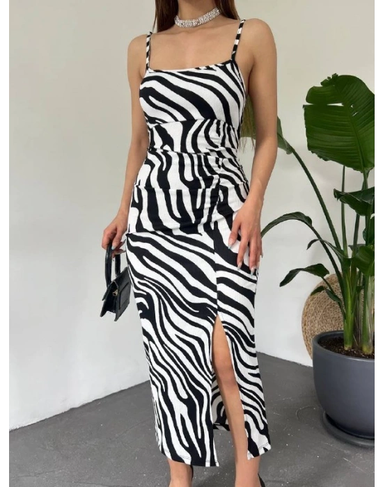 Kadın Zebra Baskılı Omuz Askılı Sırt Dekolteli Yırtmaç Detay Elbise