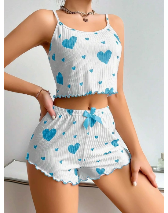 KadınBeyaz Mavi Kalp Desenli Askılı Şortlu Pijama Takım 5043
