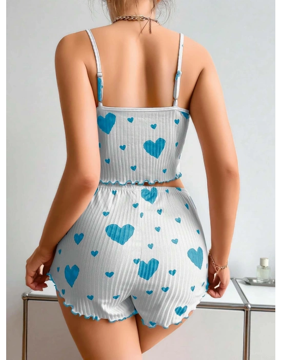 KadınBeyaz Mavi Kalp Desenli Askılı Şortlu Pijama Takım 5043