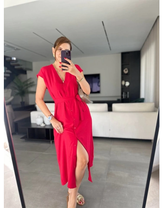 Kadınn V Yaka Düğme Detay Kuşak Dahil Elbise