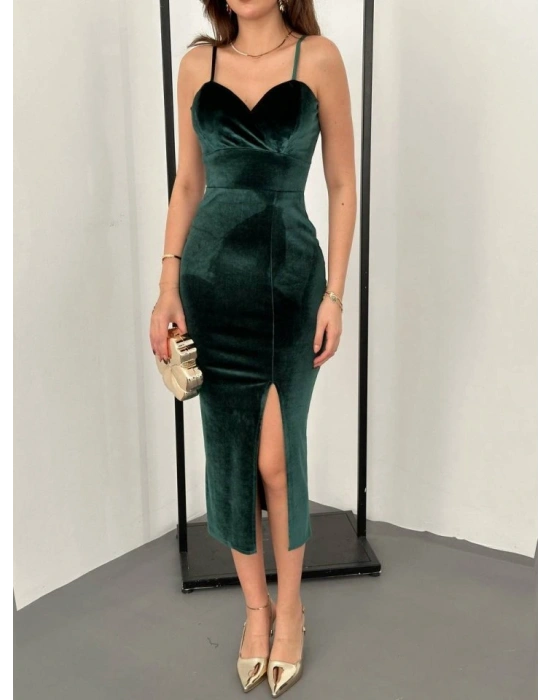 Kadınomuz Askılı Sırt Dekolteli Yırtmaç Detay Midi Boy Elbise Yırtmaç Detay Midi Boy Elbise