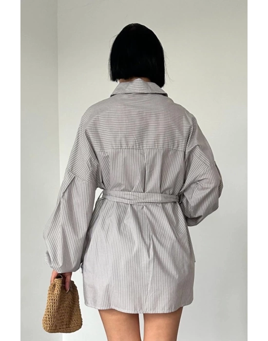 Kahverengi Çizgili Poplin Kuşaklı Gömlek