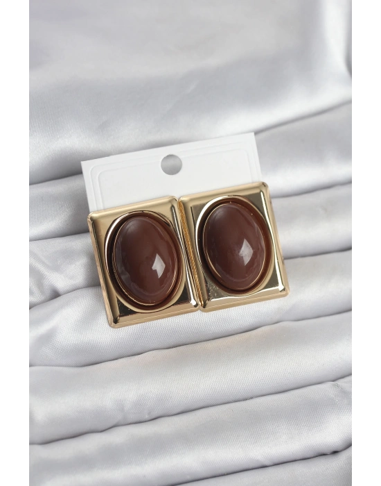 Kahverengi Kare Model Vintage Gold Renk Kadın Küpe