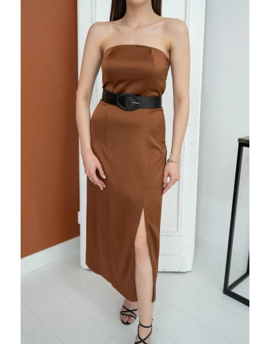 Kahverengi Straplez Saten Elbise