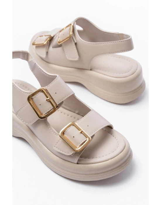 Kaji Bej Cilt Çift Tokalı Sandalet