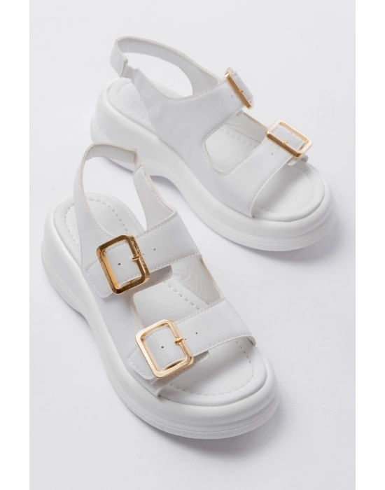 Kaji Beyaz Cilt Çift Tokalı Sandalet