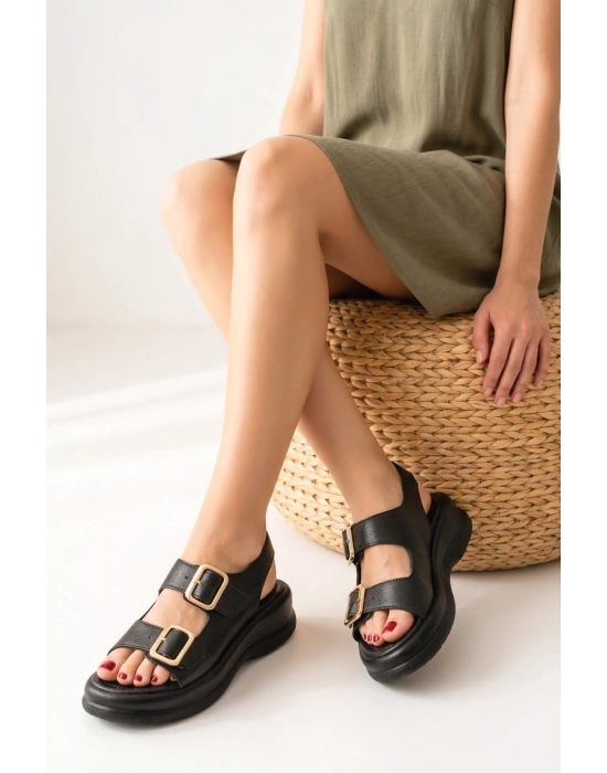Kaji Siyah Cilt Çift Tokalı Sandalet