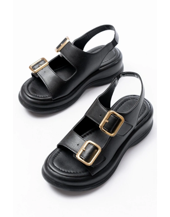 Kaji Siyah Cilt Çift Tokalı Sandalet