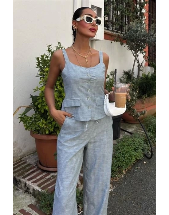 Kalın Askılı Bluz Pantolon Keten Takım 10187