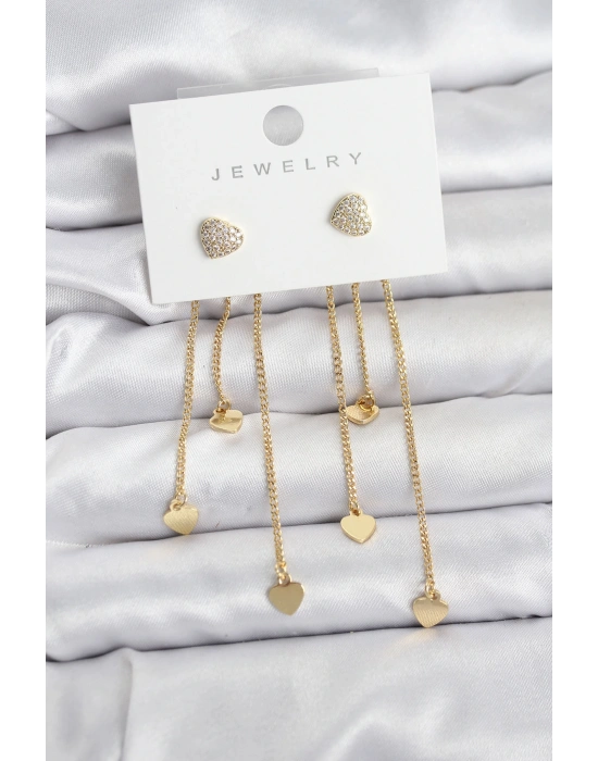 Kalp Model Gold Renk Pirinç Sallantılı Kadın Küpe