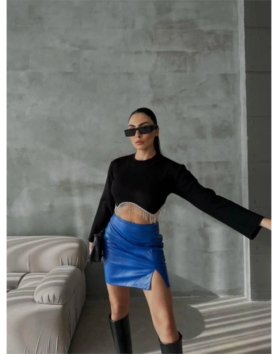 KAPİTONE DERİ ETEK YIRTMAÇLI - Saks