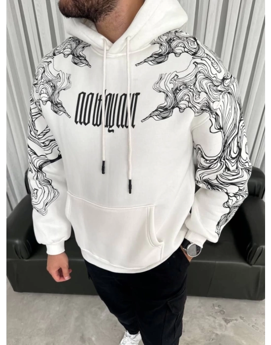 Kapşonlu Üç İplik Baskılı SweatShirt - Beyaz