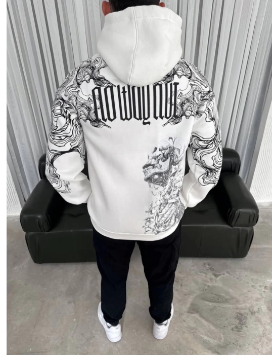 Kapşonlu Üç İplik Baskılı SweatShirt - Beyaz