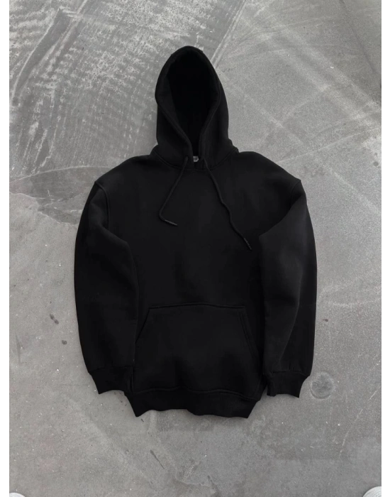 Kapşonlu Üç İplik Penye Basic SweatShirt - Siyah