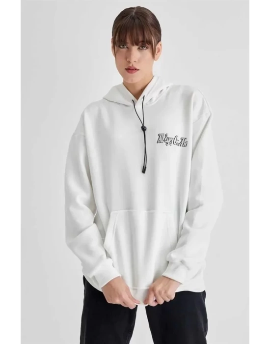Kapüşonlu Sırt Baskılı Üç İplik Oversize Sweatshirt - Beyaz