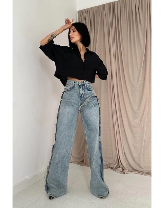 Kar Yıkama Yan Yırtmaçlı Jeans Pantolon