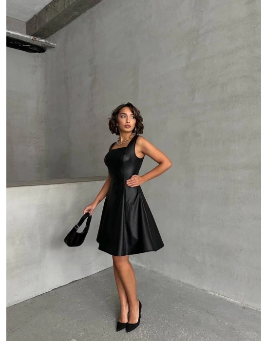 Kare yaka deri elbise siyah h24442