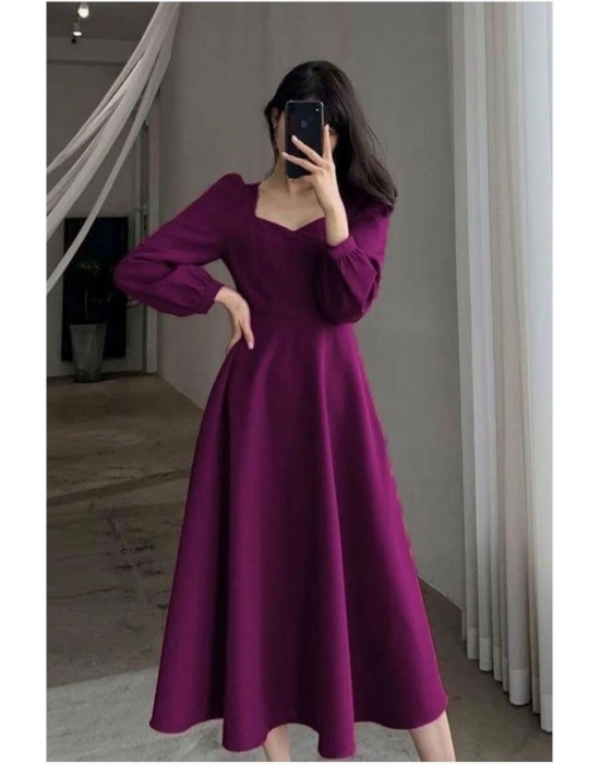 Kare Yaka Midi Uzun Elbise Kollu