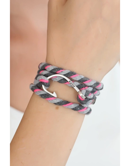 Karışık Desenli Pembe Gri Gümüş Metal Kancalı Bayan Çoklu Bileklik