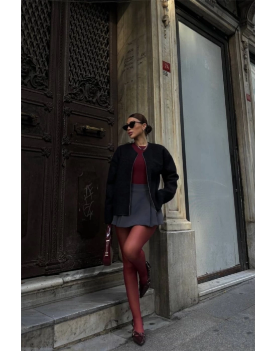 KAŞE FERMUARLI BLUZ - Siyah