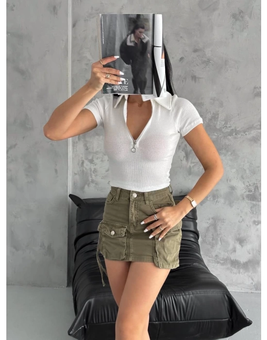 kaşkorse yaka fermuarlı bluz beyaz