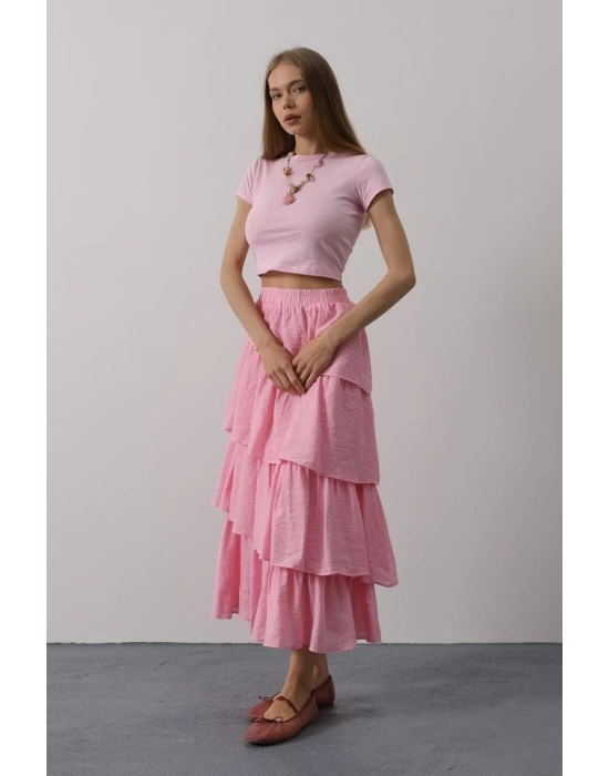 Katlı Kesim Uzun Etek - Pembe