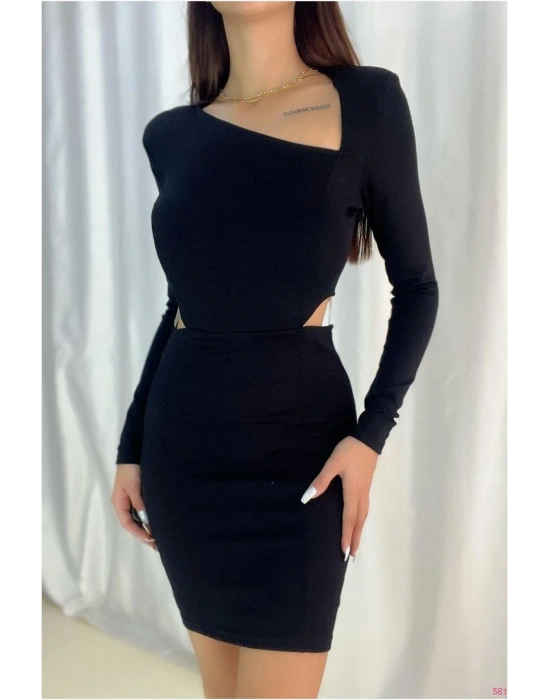 Kayık Yaka Uzun Elbise Kollu Mini