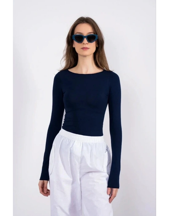 Kayık yaka uzun kollu bluz lacivert pt