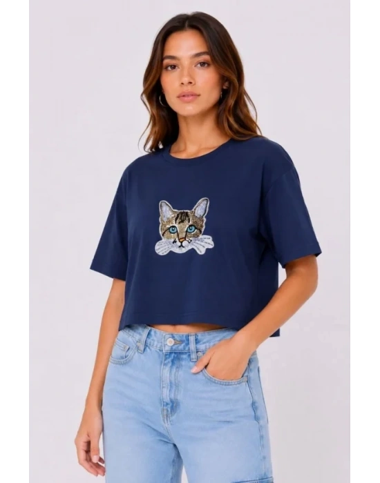 Kedi Baskılı Oversize Crop Tişört Salaş Basic Yarım Kol T-shirt - Lacivert