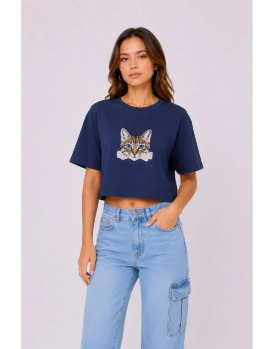 Kedi Baskılı Oversize Crop Tişört Salaş Basic Yarım Kol T-shirt - Lacivert