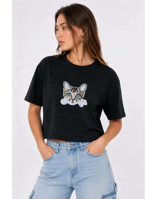 Kedi Baskılı Oversize Crop Tişört Salaş Basic Yarım Kol T-shirt - Siyah