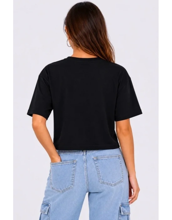 Kedi Baskılı Oversize Crop Tişört Salaş Basic Yarım Kol T-shirt - Siyah