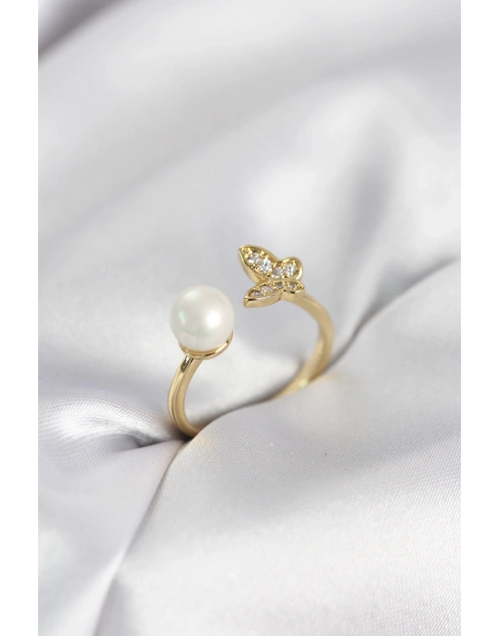 Kelebek İncili Model Gold Renk Zirkon Taşlı Kadın Yüzük