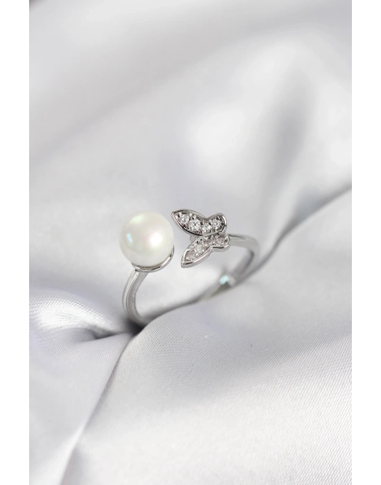 Kelebek İncili Model Gümüş Renk Zirkon Taşlı Kadın Yüzük