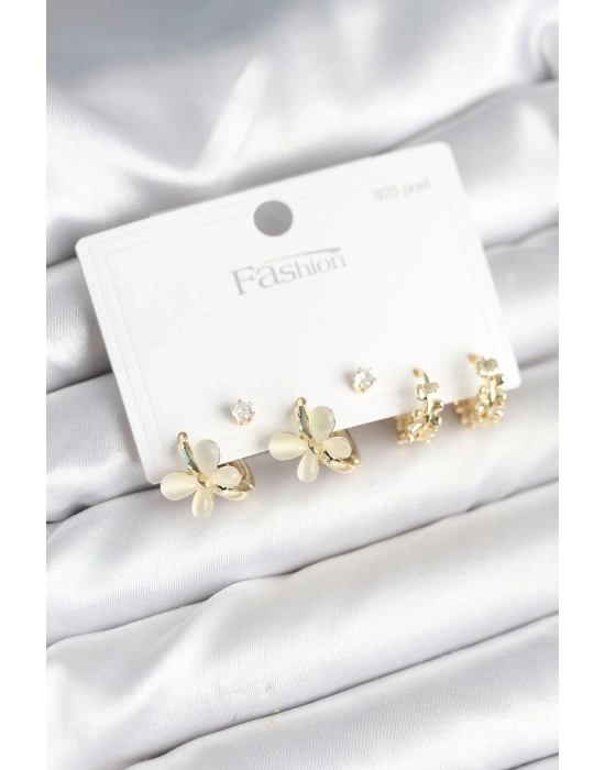 Kelebek Model Gold Renk Pirinç 925 Ayar Gümüş Çivili Kadın Küpe Seti