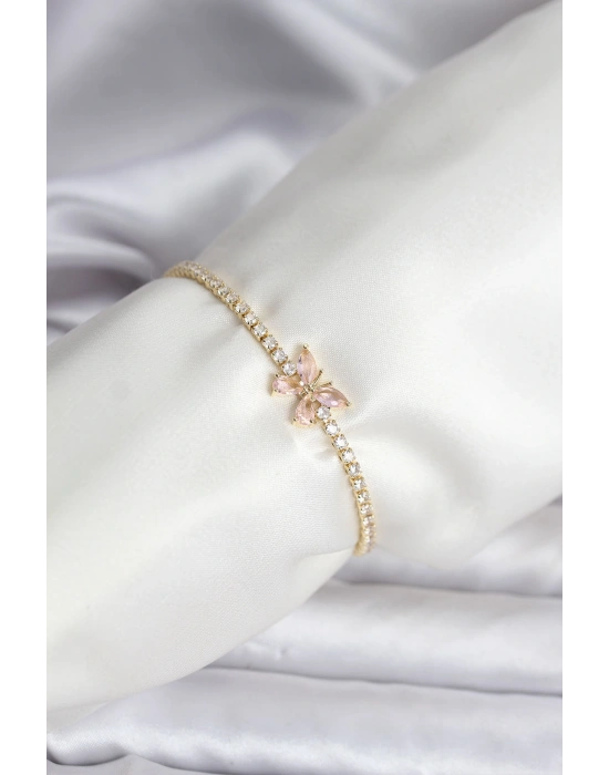Kelebek Model Zirkon Taşlı Gold Renk Pirinç Su Yolu Kadın Bileklik