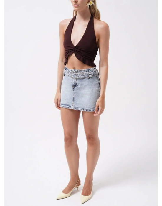 Kemer Detay Denim Mini Etek