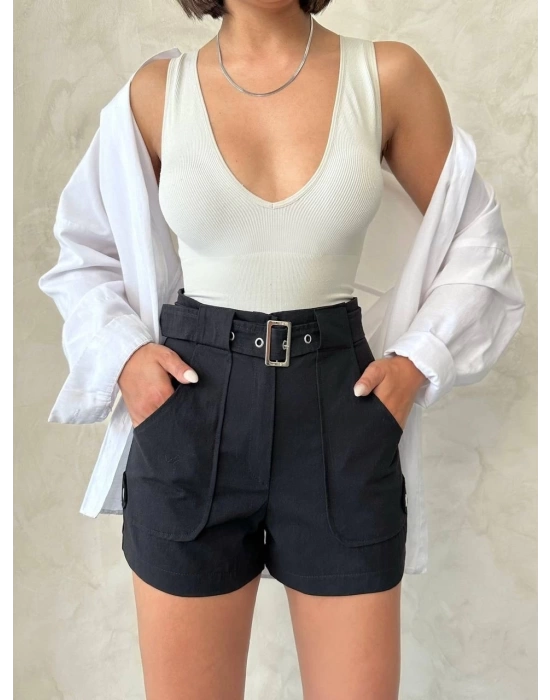 Kemer detaylı gabardin şort siyah s25289